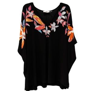 Natori Black V-Neck Top with Pink & Orange Floral Print